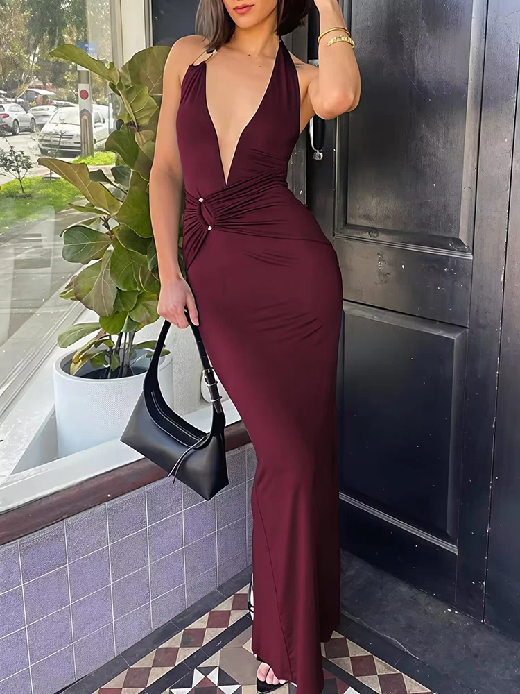 فستان ماكسي مثير برقبة على شكل V عميق من Mozision فستان نسائي أنيق مكشوف الأكتاف بدون أكمام مكشكش فساتين حفلات النادي النحيفة