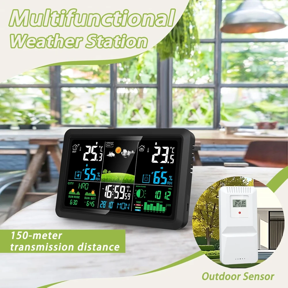 

Wireless Weather Forecast 7.5" Color Temperature Humidity Meter Trend Sensor Moon Phase Barometer DCF Alarm Clock City Sun Time