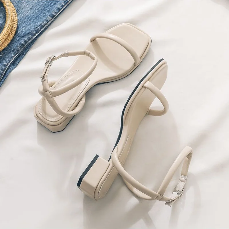 Fashion Womens Shoes 2025 Female Sandal Buckle Mid-Calf Strap Med Block Heels Luxury Peep Girls Beige Medium Chunky Sandals view 4
