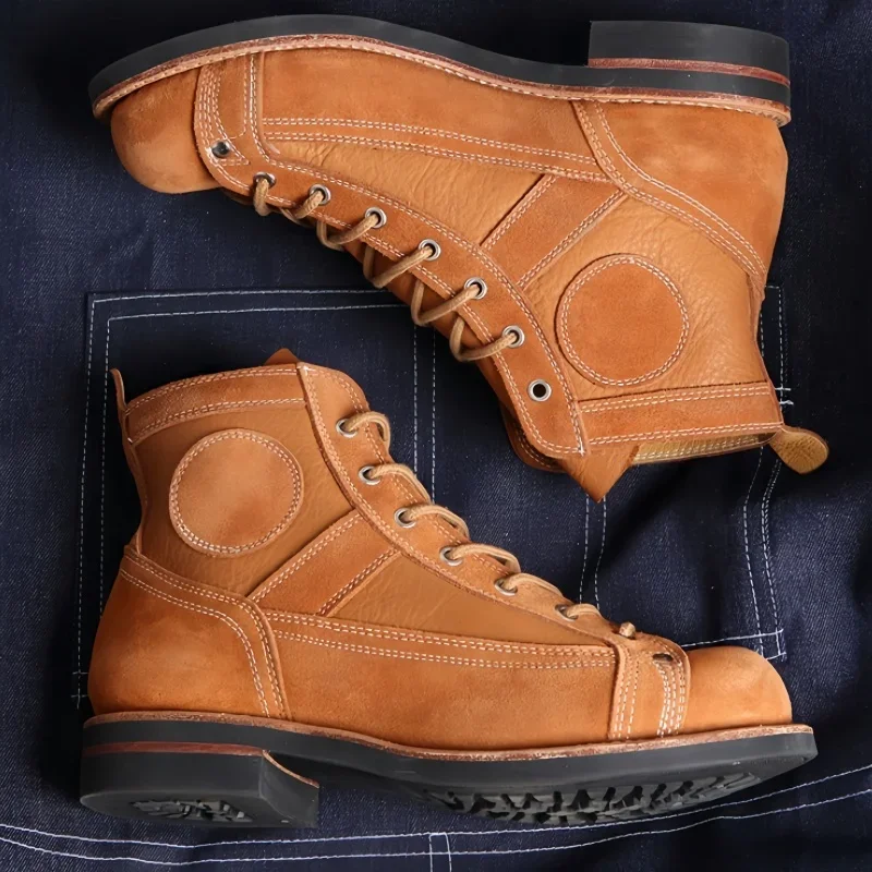 Handmade Men's Retro Motorcycle Protective Boots, Washed Big Toe Flip-over Desert Boots, Casual Leather Workwear Boots