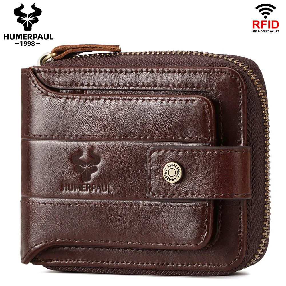 HUMERPAUL Genuine Leather Men's Wallet RFID Male Credit Card Holder with ID Window Multifunction Storage Bag Zipper Coin Purse