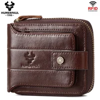 HUMERPAUL-cartera de cuero genuino RFID para hombre, Tarjetero con ventana de identificación, bolsa de almacenamiento multifunción, monedero con cremallera