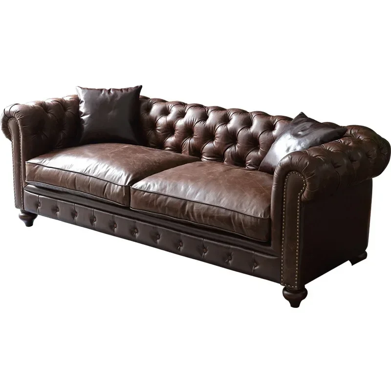 Oil Wax Leather Vintage Style Roll Arm Chesterfield Sofa