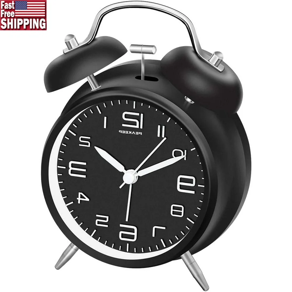 

Vintage Twin Bell Loud Alarm Clock Heavy Sleepers with Backlight Silent Operation Retro 3D Dial Bedroom Decor Battery Powered
