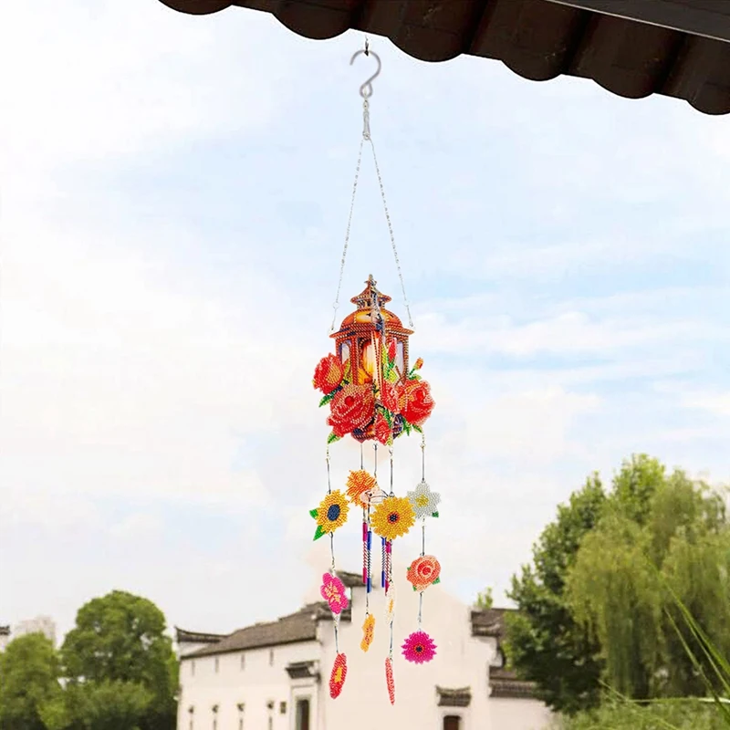 DIY Diamond Painting Sun Crystal Light Catching Wind Chimes, Double Sided 5D House Flowers Hanging Ornament Durable