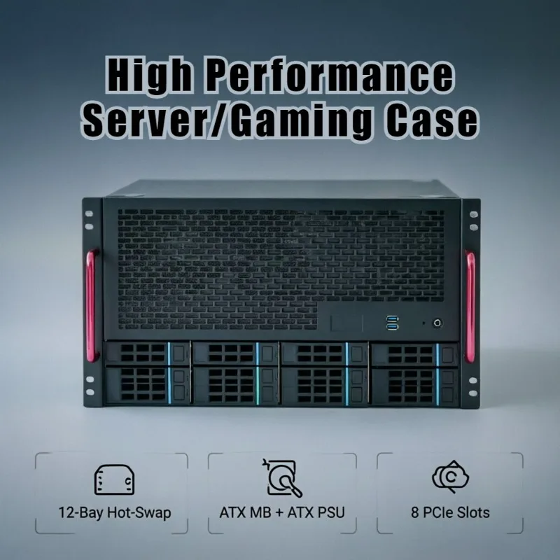 12Gb SAS Backplane 12-Bay Hot-Swap NAS Enclosure, with 8 PCIe Slots, JMCD12S4 for ATX & Mixed 3.5/2.5