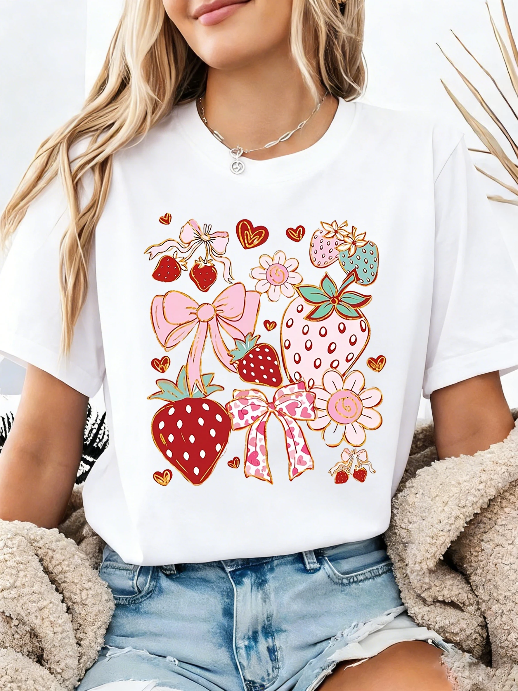 발렌타인 데이 여성용 반팔 티셔츠 딸기 리본 & 하트 그래픽 프린트 크루넥 캐주얼 데일리 탑 여름 및 봄용