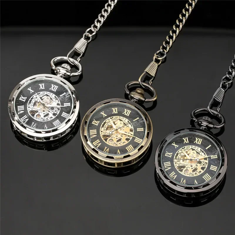 

Antique Style Clock Open Face Men's Hand Winding Mechanical Pocket Watch Roman Number Skeleton Display Fob Pendant Chain Reloj