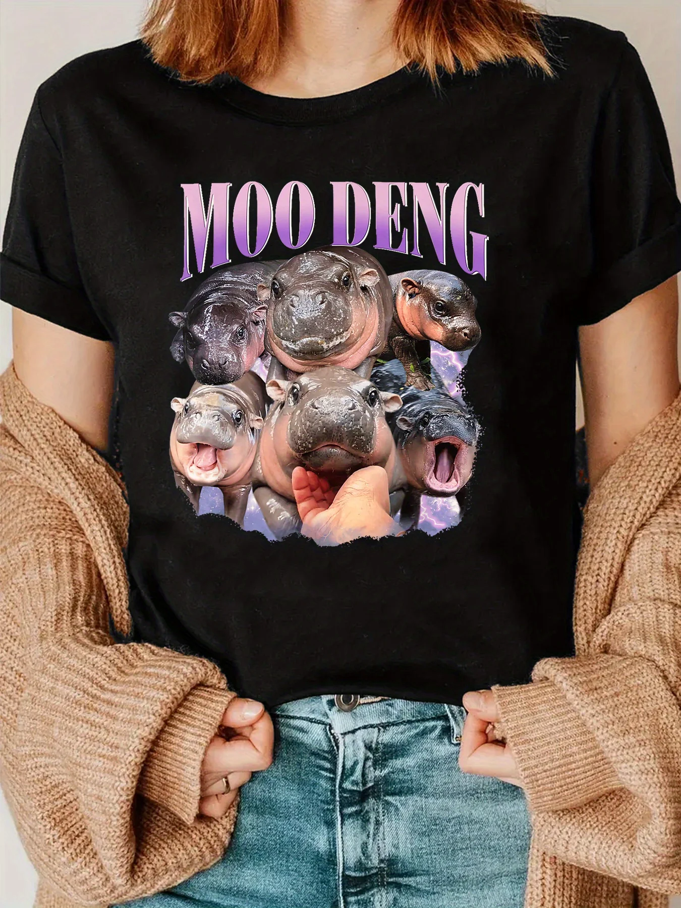 

Women's casual round neck T-shirt Moo Deng Hippo cartoon printed short sleeved shirt suitable for all seasons - cute animal zoo