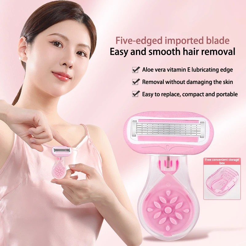 

Portable Short Handle Ladies Shaving 5 Layer Blade With Soap Bar Smooth Razor Blade Ladies Body Curve Replaceable Blades