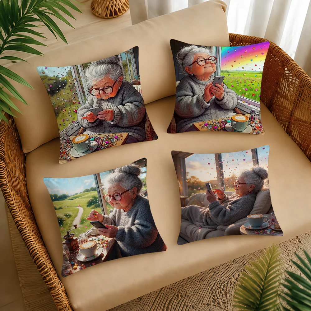 Fashion Elderly Woman Using Phone Cushion Cover Square Decorative Throw Pillow Case Sofa Bed Living Room Anniversary Gifts