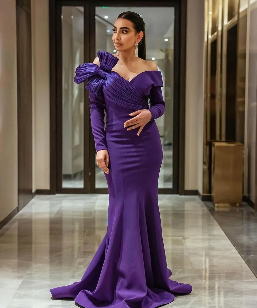 Maßgeschneidertes lila Abendkleid für die Braut, plissierte Schleife, schulterfrei, lange Ärmel, elegantes Cocktailkleid, formelle Ballkleider für