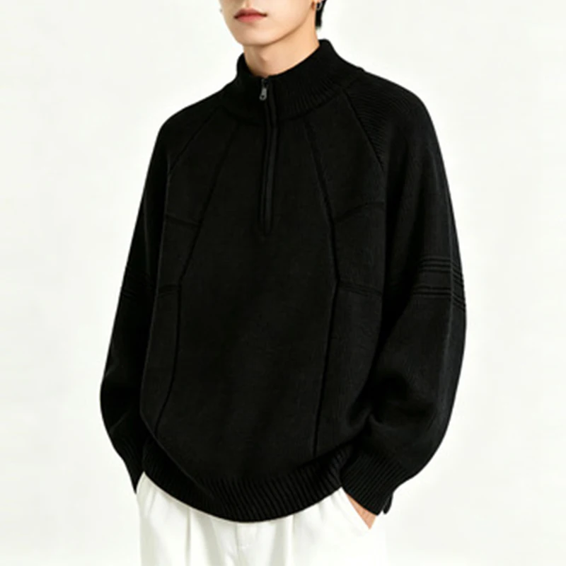 Autumn Winter Zipper Knitting Sweatshirt Mens Daily Casual Zipper Long Sleeve Shirts Men Vintage Solid Color Knit Tops