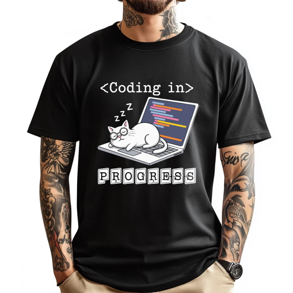 

Programmer Cat Kitty Meow Animal Pet Computer Programming Printed T-Shirt Fall Funny Shirt Character