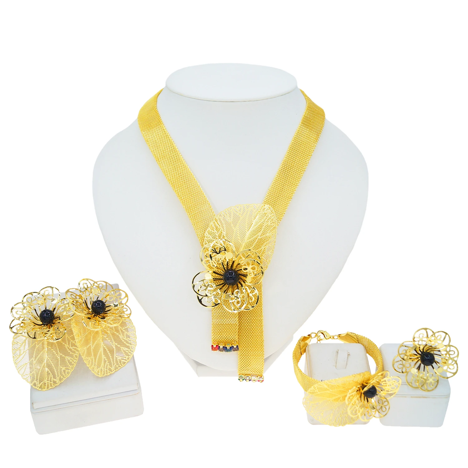 

New In Luxury Female Flower Jewelry Sets Gold Color Necklace Earrings Bangle Ring for Fashion Women Dubai African Party Jewelry