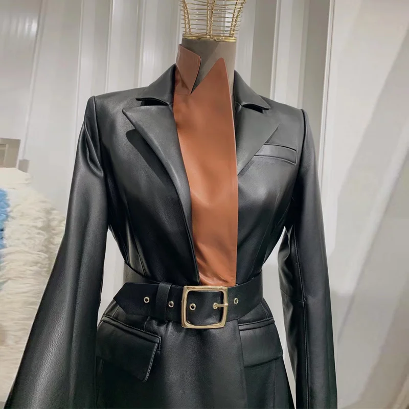 Veste longue en cuir pour femme, Blazer Double col épissé en peau d'agneau