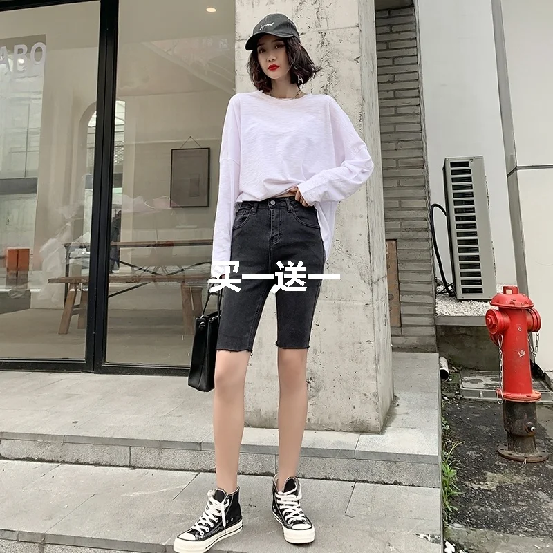 High Waist Five-Quarter Denim Shorts Women's Fitting Elastic Cycling Pants Cotton Stretch Denim High Waist Short Pants Deep C...