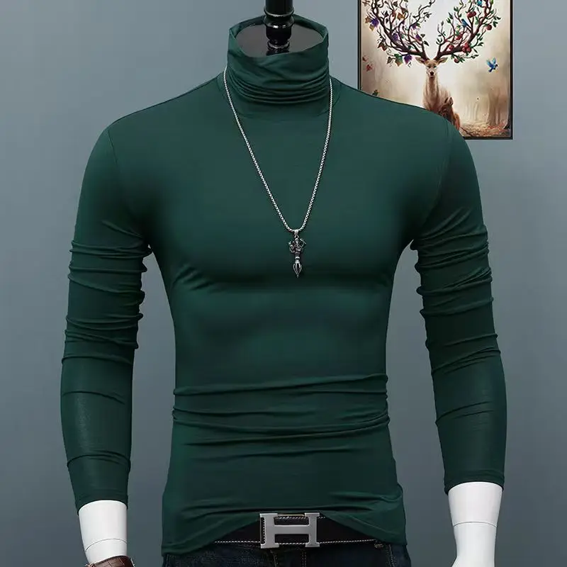 Men's Warm Semi High Neck Fashionable Warm Underwear Male Standing Collar Basic T-shirt Shirt Pullover Long Sleeved Top Men