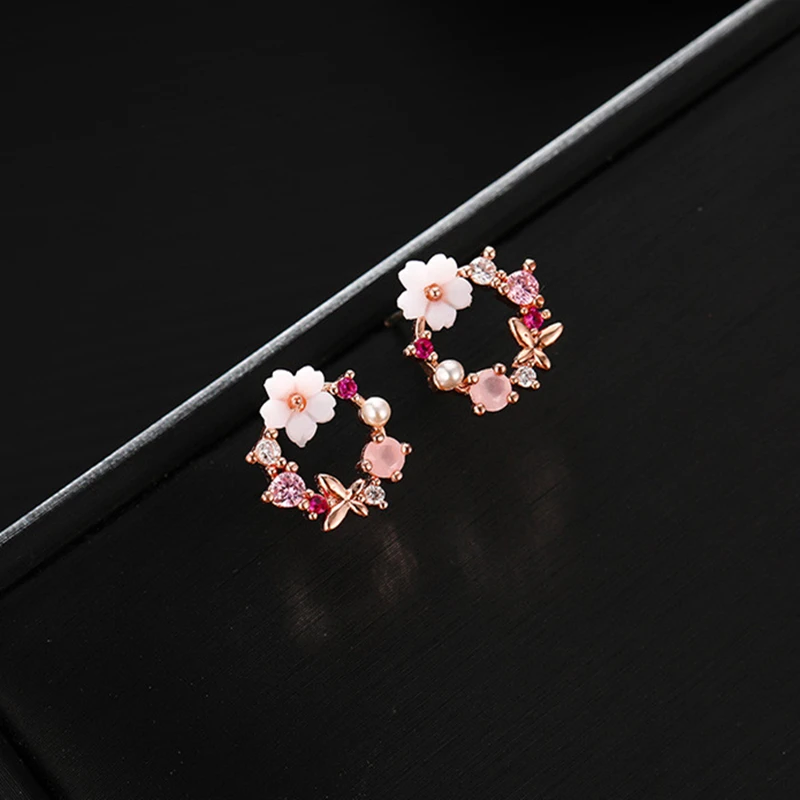 Flower Stud Earring Cute Inlay Color Zircon Flower Butterfly Garland Women Earrings Gifts Korean New Design Fashion Jewelry