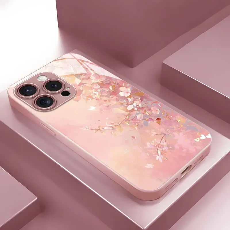 

Luxury Flowers Pattern Pink Metallic Paint Glass Hard Phone Case For iPhone 17 16 15 14 13 12 11 Pro Max 15 Plus 17Air 16E Cover
