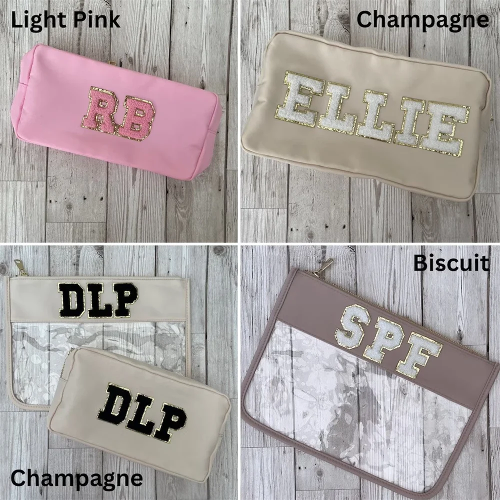 Personalised Nylon Make Up Cosmetic Travel Bags with Chenille Patches | Bridesmaids Holiday Hen Party Toiletry Bag with Letters