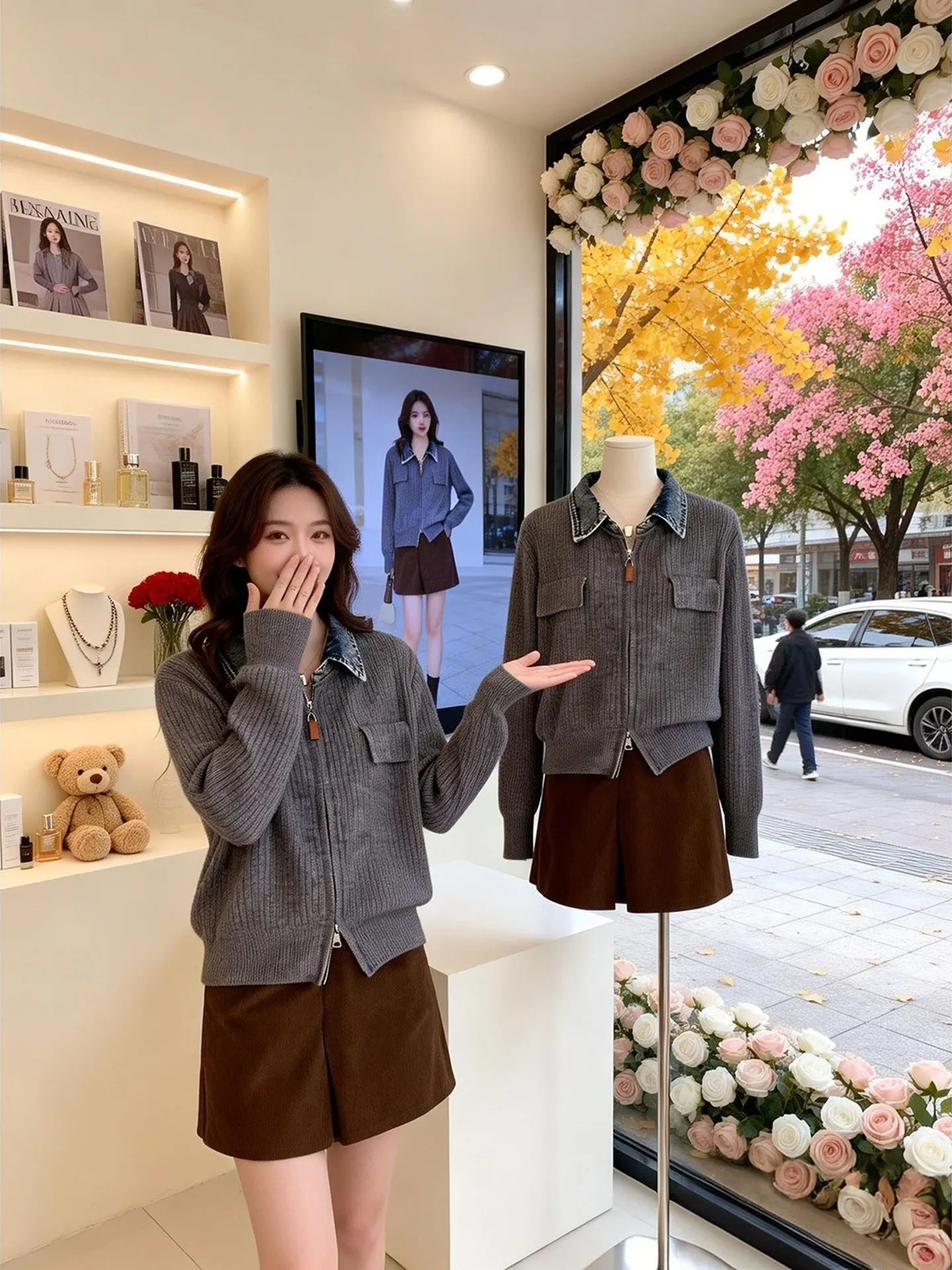 

Denim Knitted Cardigan Women's Long Sve Zipper Coat Soft Double Zipper Collar Spring 2026 ey High-End Feeling