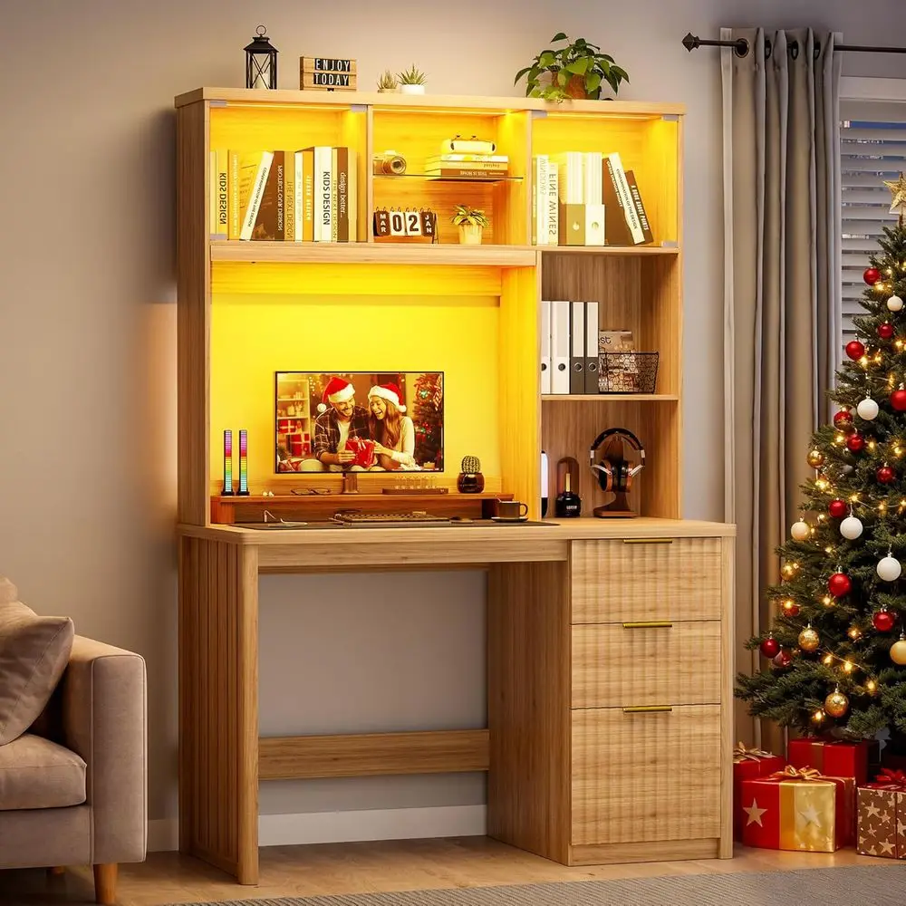 

Светодиодный умный стол с навесной полкой и ящиками для офиса, игр и спальни (дерево), на заказ