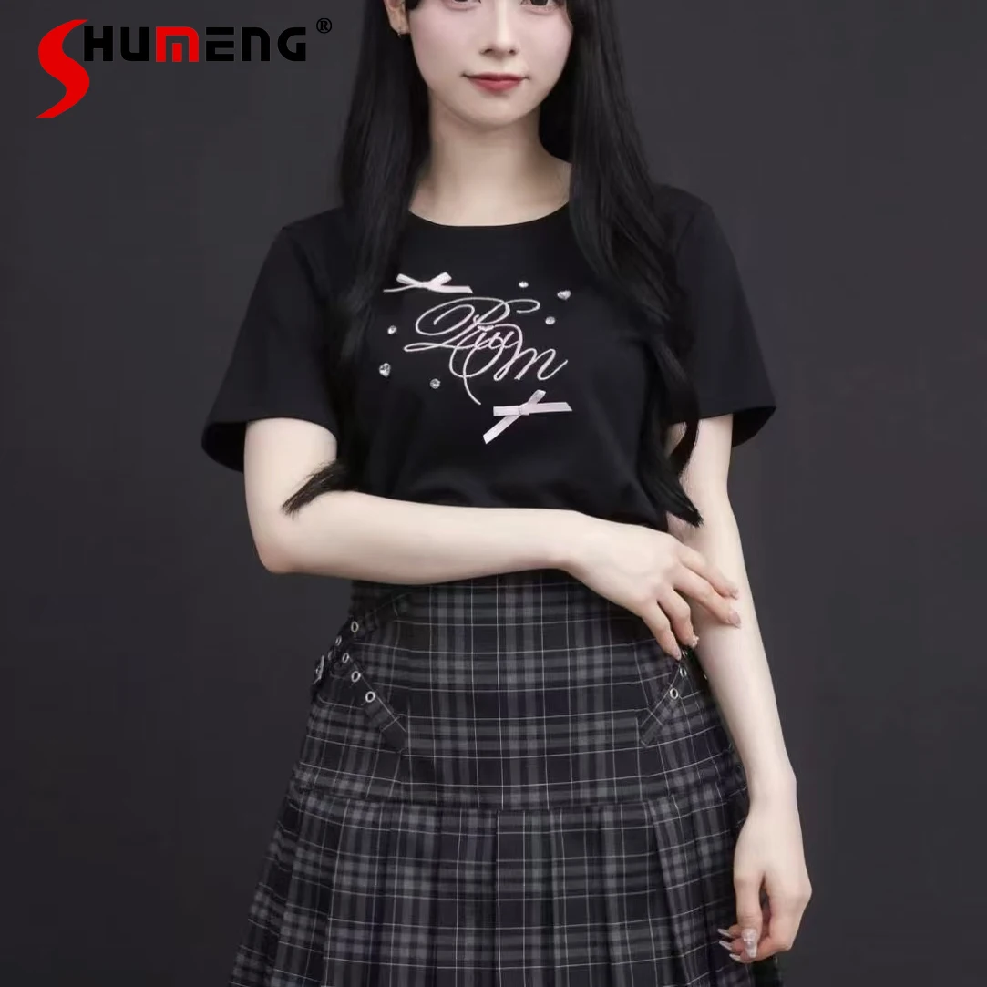 

Japanese Sweet Tees Elegant Embroidered Rhinestone Bow Round Neck Short Sleeve Versatile Casual Knitted T-Shirt Top Women Summer