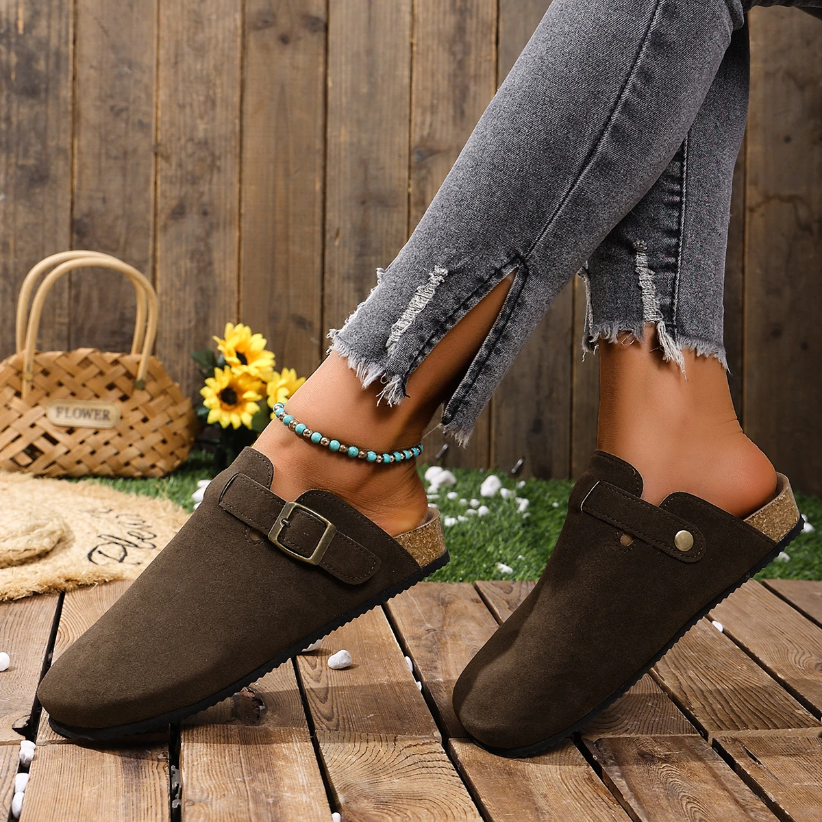 Korkfußbett-Clogs für Damen und Herren, modische Leder-Mules, bequeme Potato-Schuhe mit Fußgewölbestütze, flache Slides für drinnen und draußen – Detail 17