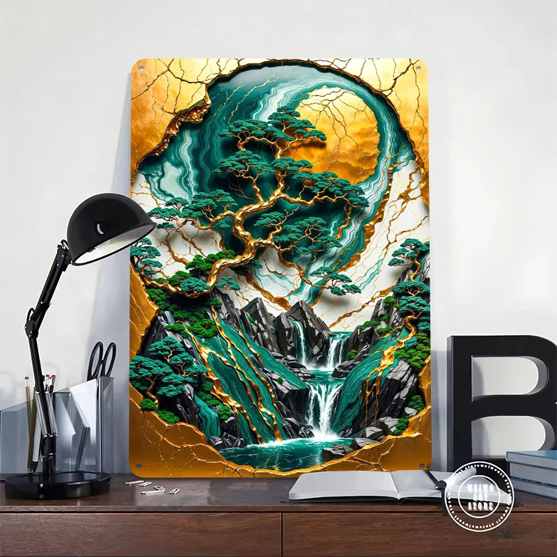 Golden Bonsai Sanctuary Tinplate Posters Customizable Wall Art Retro Vintage Metal Signs for Home Room Decoration Aesthetic Cozy
