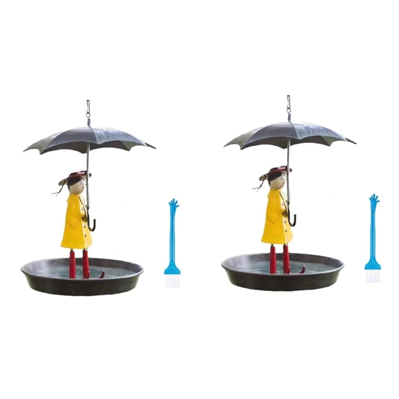 Outdoor Hanging Bird Feeder Set With Metal Chain And Umbrella Girl Shape, Feeder With Brush