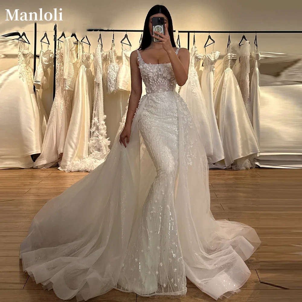 

Luxury Square Neck Off Shoulder Wedding Dress Lace Decal Mermaid Bride Dress Detachable Tail Robe Customization