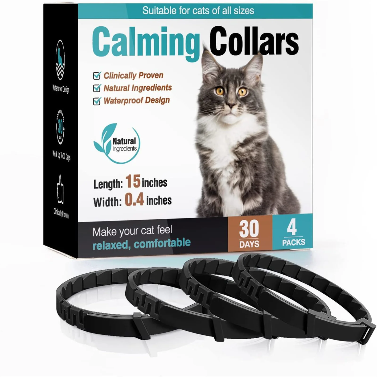 Four-piece pet comfort collar set. Relieves cat anxiety and provides protection. Stretchable and waterproof, suitable for cats.
