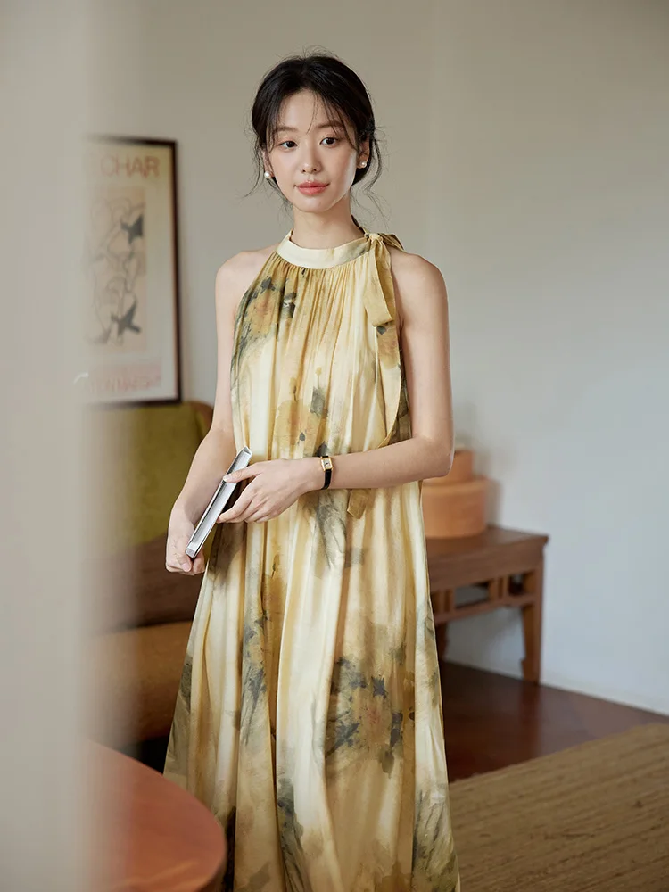 

Moriirose New Chinese Sle Printed Svel Ne Hanging Dr Women's Summer Midi Dr Loose Waist A-Line Skirt