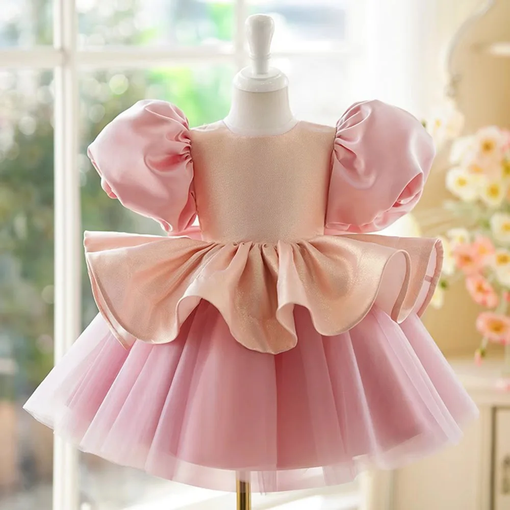 

1-7T Girls Light Luxury Pink Satin Party Dress 2025 New Children Piano Performance Dress Layered Bows Formal Clothing Ball Gown