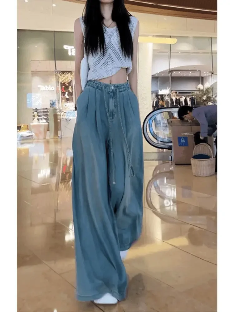 Verão novo drape pernas largas elástico e versátil ins na moda versátil calças namorado jeans para mulheres calças femininas