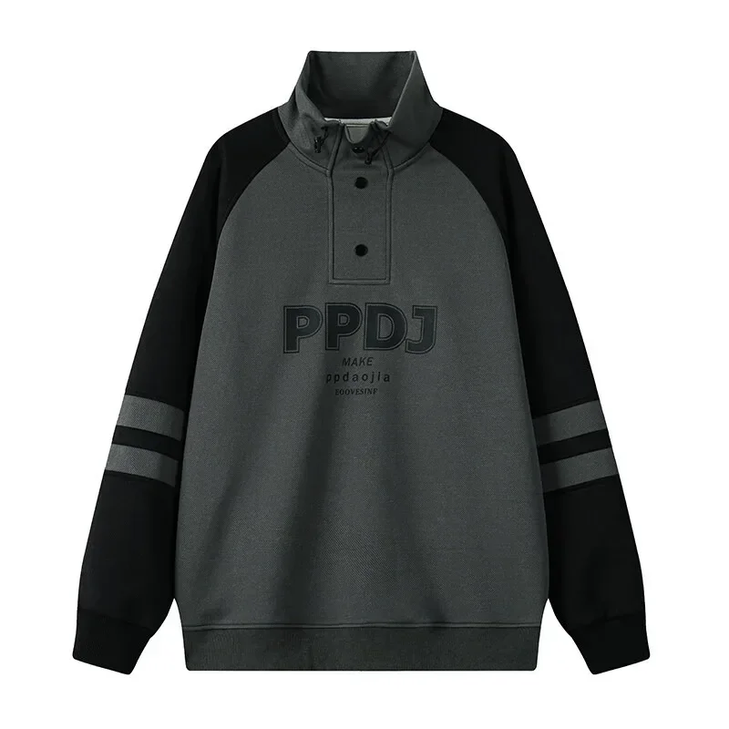 

Spring Letter Printed Pineapple Plaid Stand Up Collar Sweatshirt for Men in Plus Size Contrasting Coat Harajuku