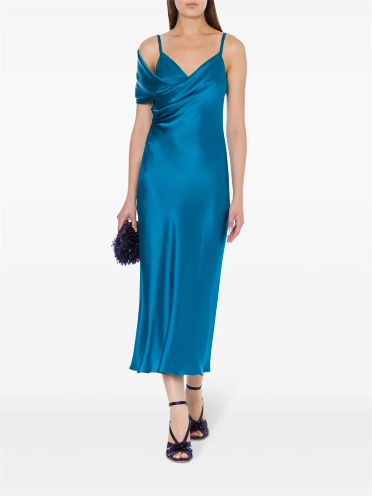

Customized Simple Blue Satin Draped Evening Dress Sleeveless One-shoulder Sweetheart Neckline Chest Draped Waist Flared Dress