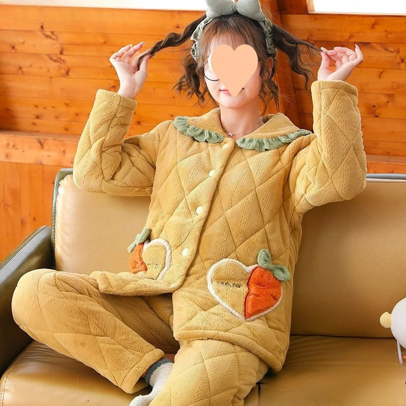 Pajamas Women's Winter New Three-layer Thickened Pajamas Set Autumn Warm and Comfortable Coral Fleece Padded Jacket Loungewear