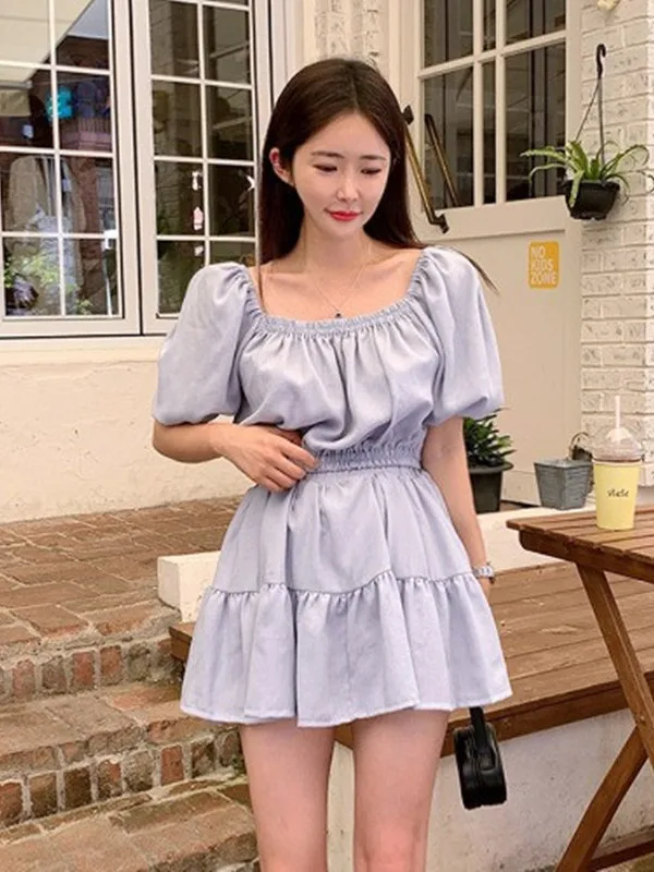 

Korean Style Bubble Sleeve Short Sleeve Top And Elastic Waist Skirt Two Piece Set Women's Fashionable Summer Outfit