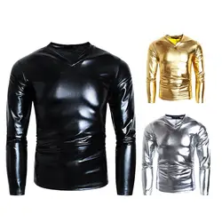 Men T-shirt Glossy Appearance Solid Color Long Sleeve Top V Neck Slim Fit T-shirt Nightclub Party Performance Costumes for Home