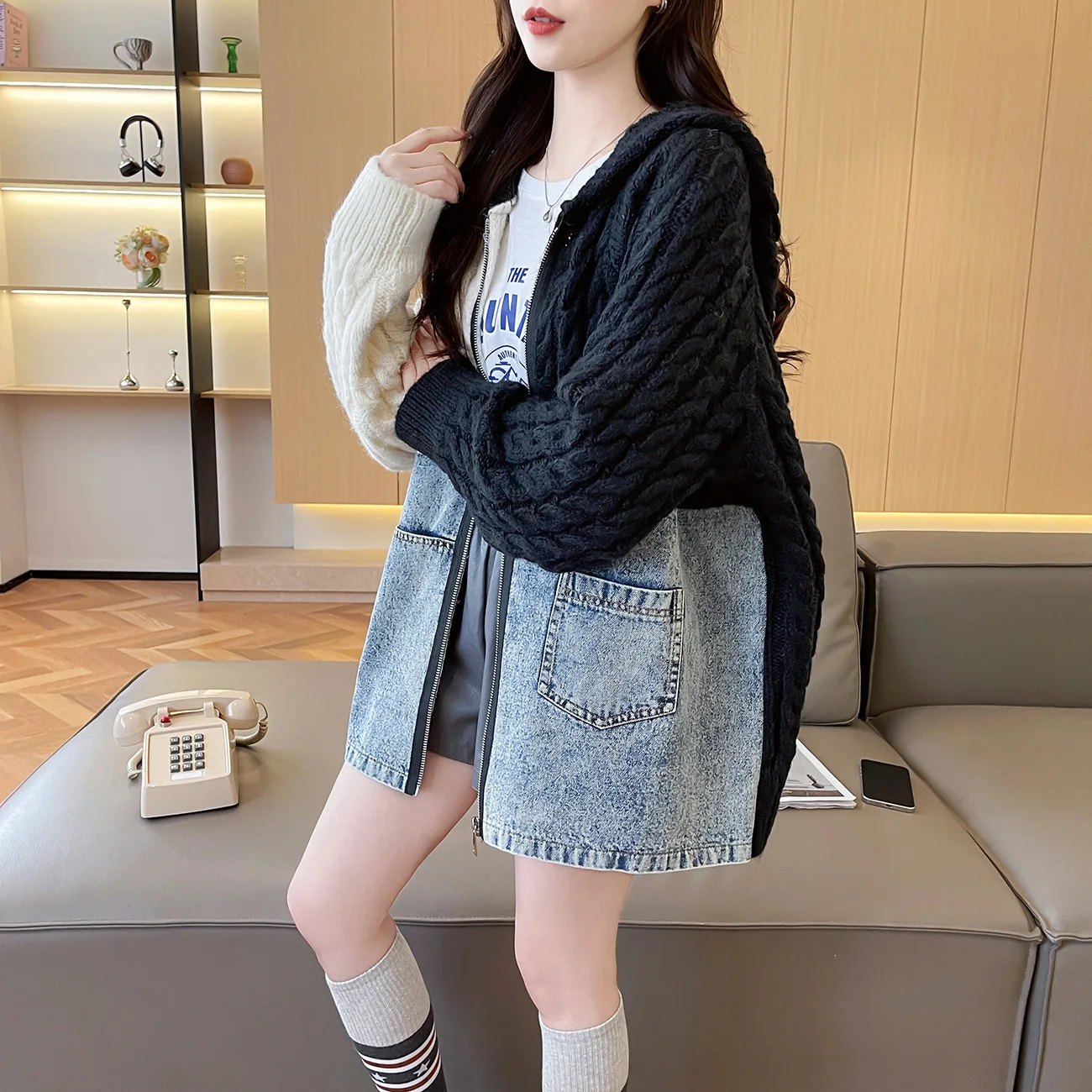 

Women Cardigan Sweaters Coats Hooded Zipper Jackets Casual Loose Full Sleeve Y2k Streetwear Denim Splice Autumn Winter 2025