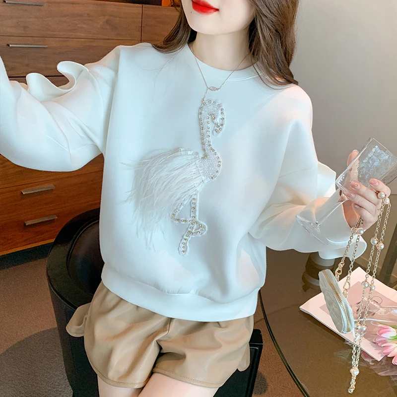 Harajuku Kawaii Hoodies Sweet Ruffles Sweatshirt Women Diamond Feathered Tassel Cartoon Pullover Tops Y2k Girls Cute Sweatshirts