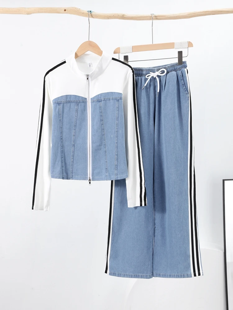 

Trendy Women's Sporty Style Denim Patchwork Set Zipper Lapel Jacket Matching Side Stripes Wide Jeans Casual Streetwear Outfits