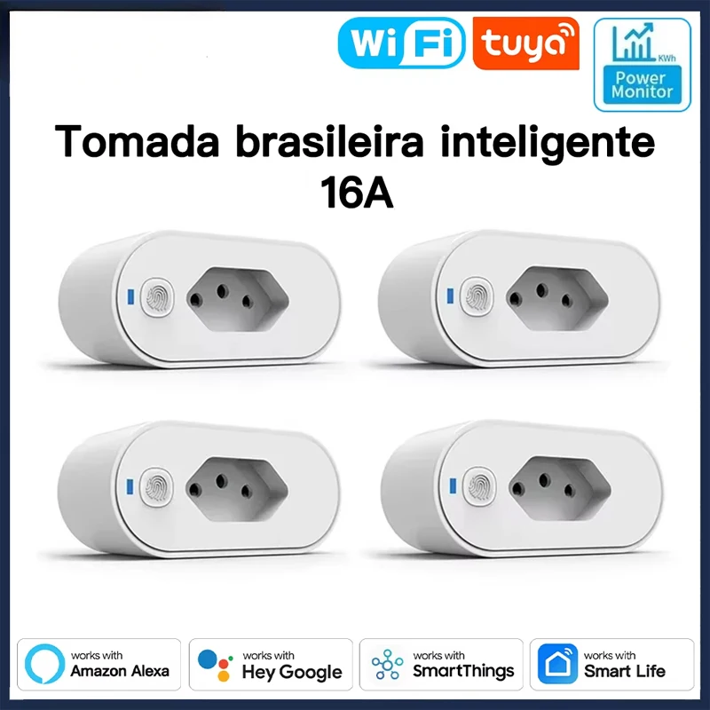 Tuya Smart WiFi Plug 16A مقبس برازيلي مع شاشة طاقة، مع منفذ تحكم ذكي بصوت التوقيت، يعمل مع Google home alexa