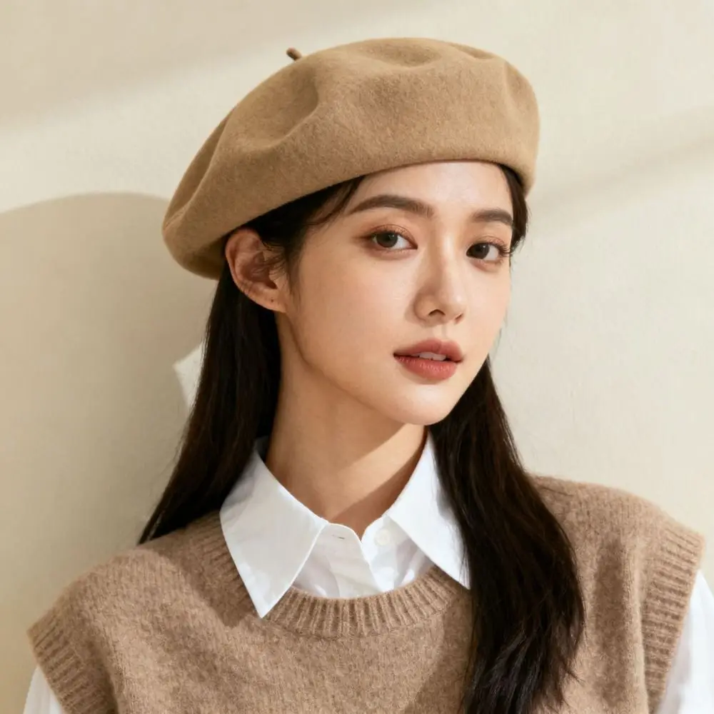 

Удобный плюшевый женский шерстяной берет, теплая однотонная британская шапка-бини, милая милая кепка художника, осенняя кепка