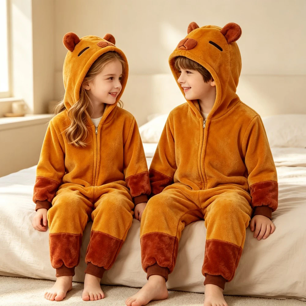Capybara Costume Warm Flannel Homewear Kids Autumn&Winter Soft Onesie Cosplay Animal Hoodie Pajamas Parent-Child Girls Sleepwear