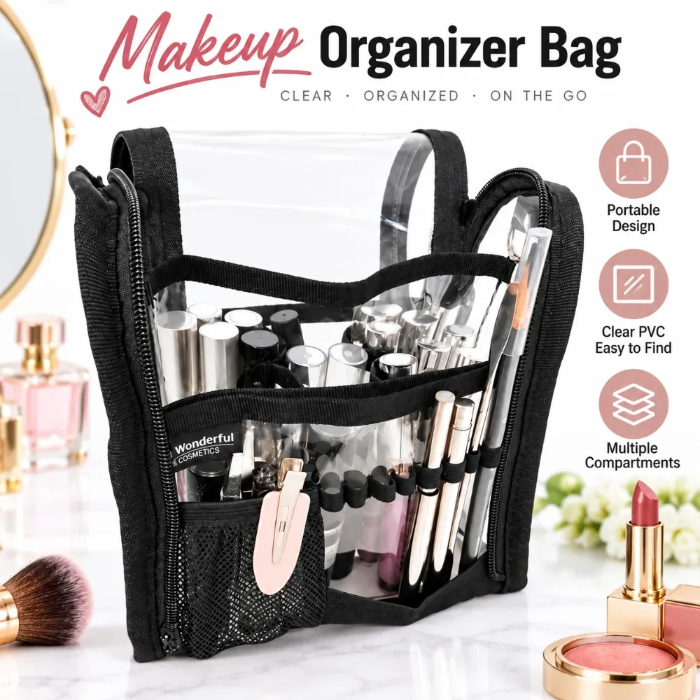 Waterproof Makeup Organizer Bag Elastic Brush Loop Mesh Pocket Cosmetic Storage Case PVC Lip Product Organizer