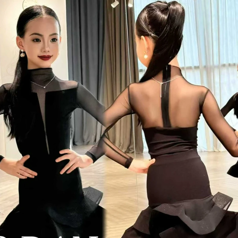 أسود اللاتينية الرقص فستان محكم من عند الصدر ويتدلى بشكل واسع للفتيات عالية الرقبة طويلة الأكمام شبكة 2 قطعة تنورة Chird تشا تشا رومبا أداء التدريب زي #1