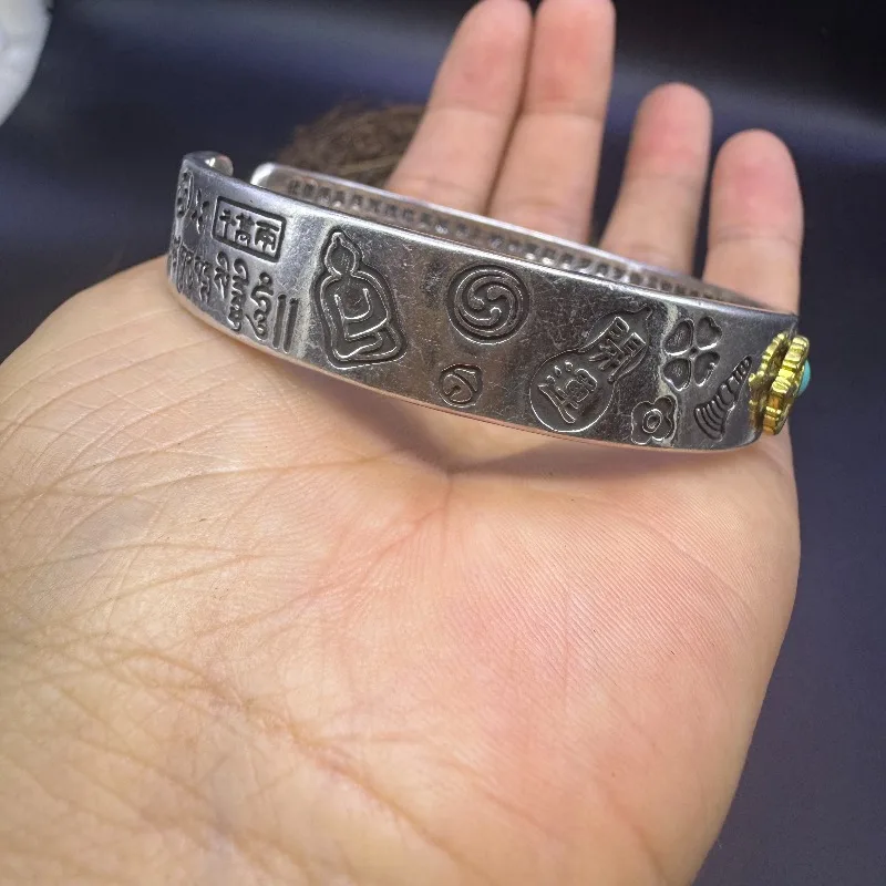 Ancient Handmade Solid Silver Bracelet, Vajra & Heart Sutra Design, Unisex Trendy Silver Bangle Jewelry